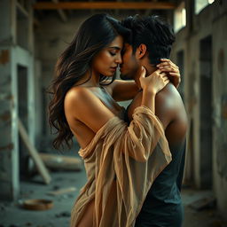 A sensual portrayal of an alluring Indian woman in a partially constructed building, characterized by dramatic lighting and a rustic urban backdrop