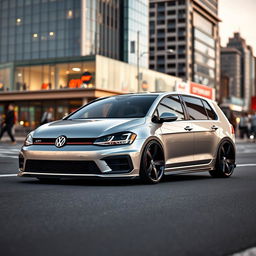 A stylish Volkswagen Golf GTI 20 with a lowered suspension, showcasing its sporty and aggressive profile
