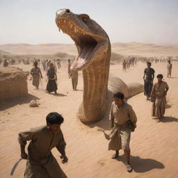 Upon sighting the giant snake, the villagers, now appearing brave and determined, arm themselves with gleaming knives, their faces set with a grim resolve under the stark desert sun