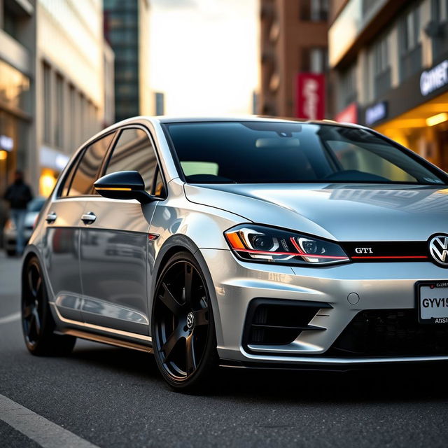 A stylish Volkswagen Golf GTI 20 with a lowered suspension, showcasing its sporty and aggressive profile