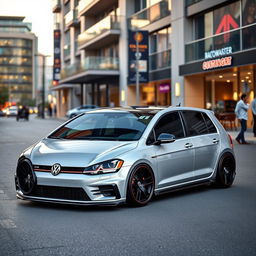 A stylish Volkswagen Golf GTI 20 with a lowered suspension, showcasing its sporty and aggressive profile