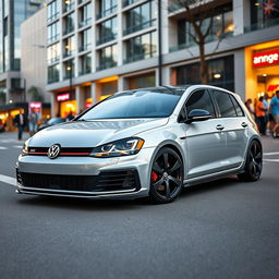 A stylish Volkswagen Golf GTI 20 with a lowered suspension, showcasing its sporty and aggressive profile