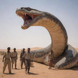 Upon sighting the giant snake, the villagers, now appearing brave and determined, arm themselves with gleaming knives, their faces set with a grim resolve under the stark desert sun