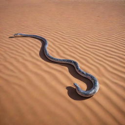 The giant iridescent snake slithers toward a lone cow in the desert, its jaw opening unnaturally wide