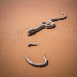 The giant iridescent snake slithers toward a lone cow in the desert, its jaw opening unnaturally wide