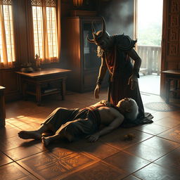 A scene depicting Yama (the Lord of Death) from Thai mythology, in a mystical and engaging setting