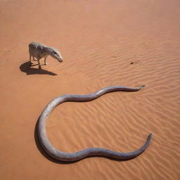 The giant iridescent snake slithers toward a lone cow in the desert, its jaw opening unnaturally wide