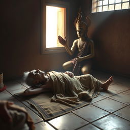 A scene depicting Yama, the Thai god of death, gracefully receiving the spirit of an elderly man