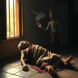 A scene depicting Yama, the Thai god of death, gracefully receiving the spirit of an elderly man