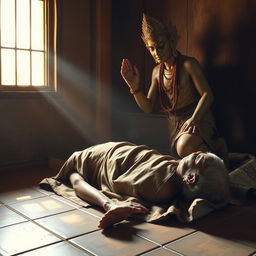 A scene depicting Yama, the Thai god of death, gracefully receiving the spirit of an elderly man