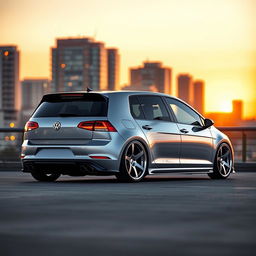 An eye-catching 2015 Volkswagen Golf R featuring a lowered suspension and unique sloped wheels, enhancing its sporty and aggressive aesthetic