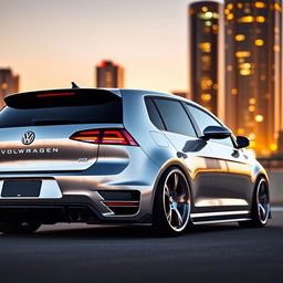 An eye-catching 2015 Volkswagen Golf R featuring a lowered suspension and unique sloped wheels, enhancing its sporty and aggressive aesthetic