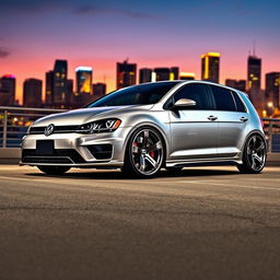 An eye-catching 2015 Volkswagen Golf R featuring a lowered suspension and unique sloped wheels, enhancing its sporty and aggressive aesthetic