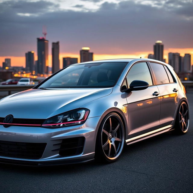 An eye-catching 2015 Volkswagen Golf R featuring a lowered suspension and unique sloped wheels, enhancing its sporty and aggressive aesthetic