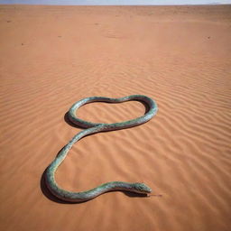 The giant iridescent snake slithers toward a lone cow in the desert, its jaw opening unnaturally wide