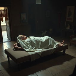 A scene depicting a Thai death god receiving the spirit of an elderly, thin man