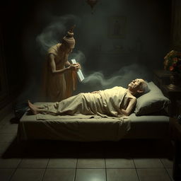 A scene depicting a Thai death god receiving the spirit of an elderly, thin man