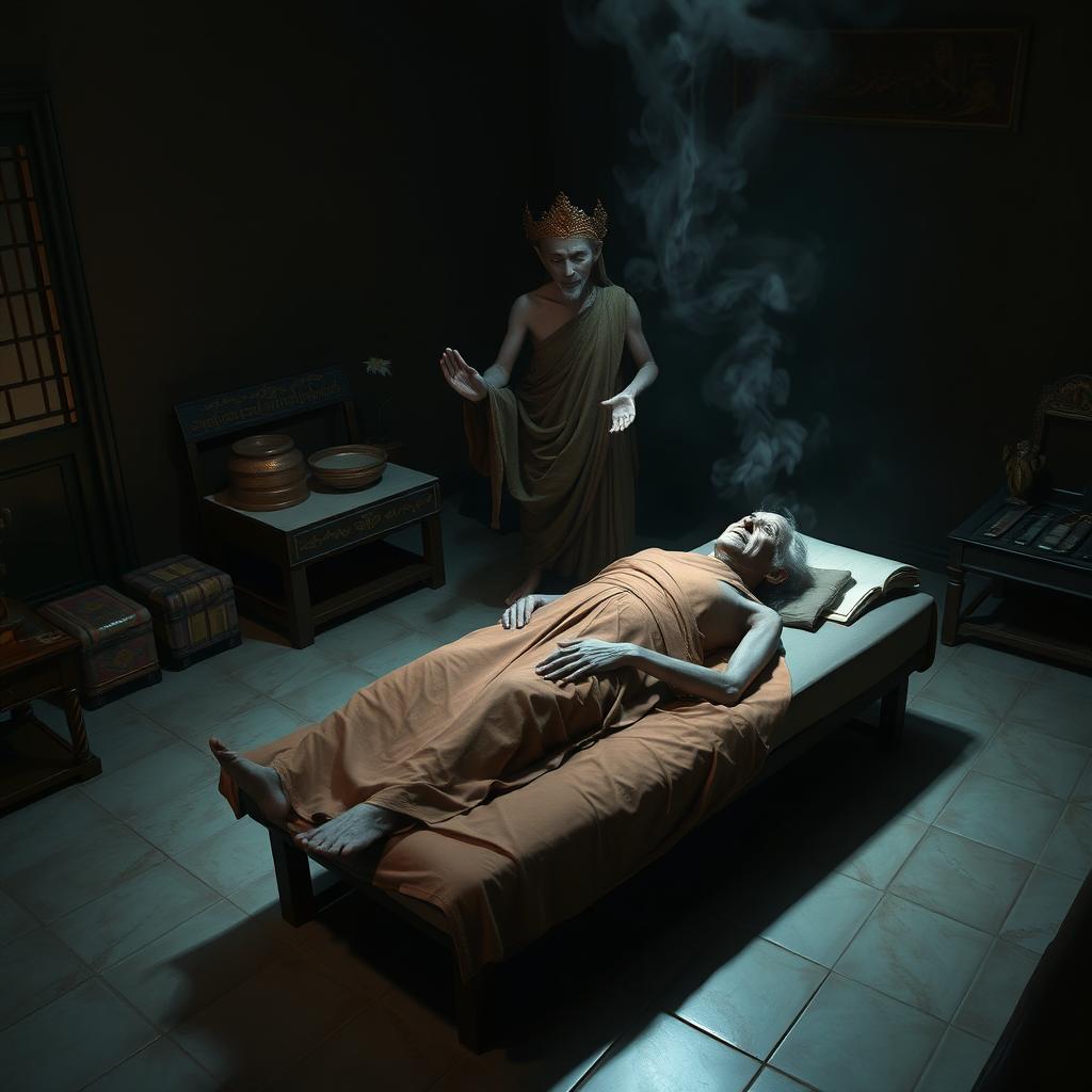 A scene depicting a Thai death god receiving the spirit of an elderly, thin man