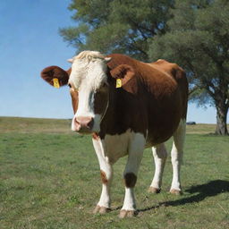 A majestic, healthy cow grazing in a lush, green pasture under a clear blue sky.