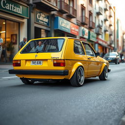 A classic 1980 Volkswagen Golf GTI, featuring a lowered suspension and unique sloped wheels that enhance its vintage sporty appeal
