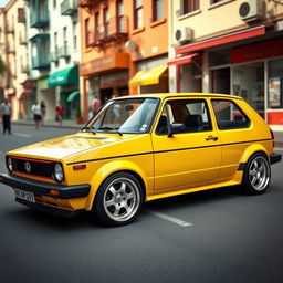 A classic 1980 Volkswagen Golf GTI, featuring a lowered suspension and unique sloped wheels that enhance its vintage sporty appeal