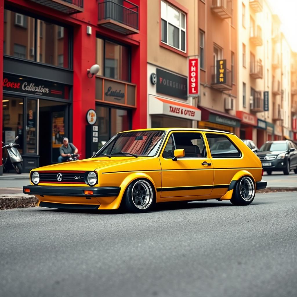 A classic 1980 Volkswagen Golf GTI, featuring a lowered suspension and unique sloped wheels that enhance its vintage sporty appeal