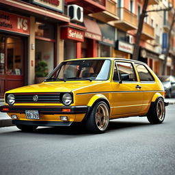 A classic 1980 Volkswagen Golf GTI, featuring a lowered suspension and unique sloped wheels that enhance its vintage sporty appeal