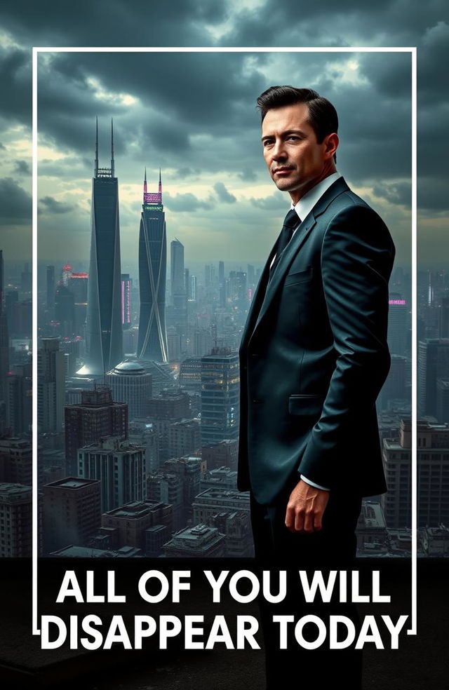 A solitary man wearing a sleek black suit, standing on a rooftop overlooking a futuristic cityscape that appears dilapidated and poor