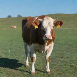 A majestic, healthy cow grazing in a lush, green pasture under a clear blue sky.