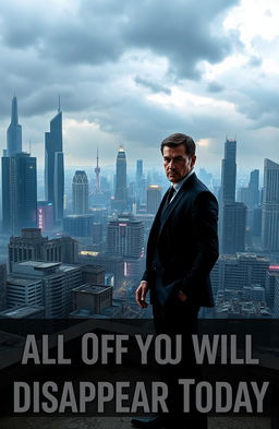 A solitary man wearing a sleek black suit, standing on a rooftop overlooking a futuristic cityscape that appears dilapidated and poor