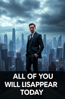 A solitary man wearing a sleek black suit, standing on a rooftop overlooking a futuristic cityscape that appears dilapidated and poor