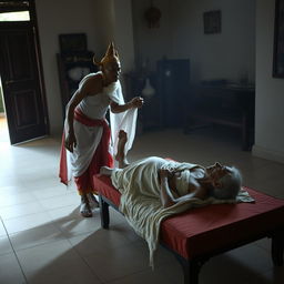A Thai Yama (god of death) softly approaching to collect the soul of an elderly man