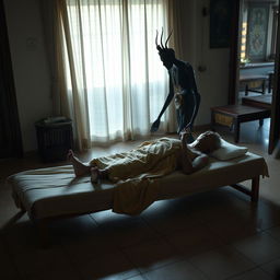 A Thai Yama (god of death) softly approaching to collect the soul of an elderly man
