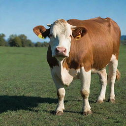 A majestic, healthy cow grazing in a lush, green pasture under a clear blue sky.