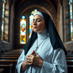 An elegant portrait of a Catholic nun in a serene chapel, deeply engrossed in prayer to the Virgin Mary