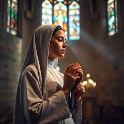 An elegant portrait of a Catholic nun in a serene chapel, deeply engrossed in prayer to the Virgin Mary