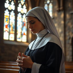 An elegant portrait of a Catholic nun in a serene chapel, deeply engrossed in prayer to the Virgin Mary