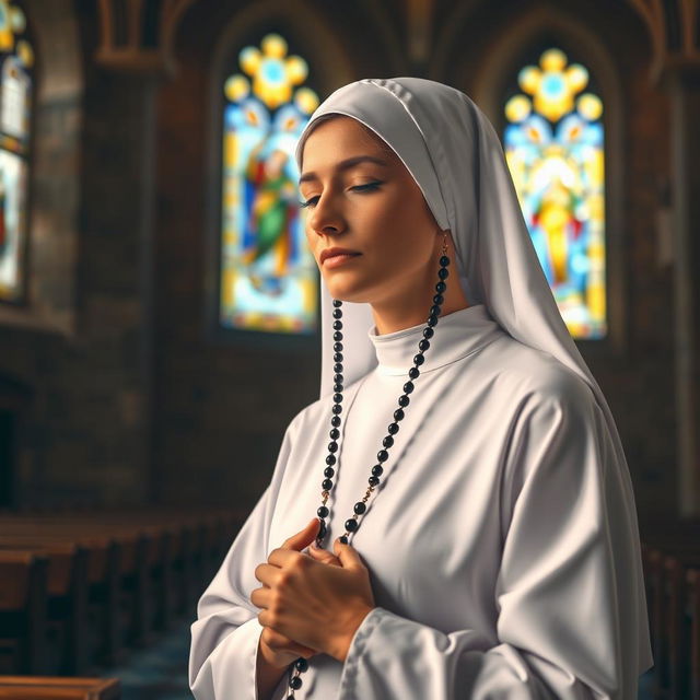 An elegant portrait of a Catholic nun in a serene chapel, deeply engrossed in prayer to the Virgin Mary