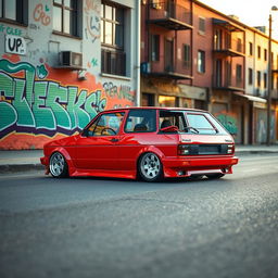 A classic 1989 Volkswagen Golf GTR, featuring a unique and stylish design, equipped with a lowered suspension and distinctive sloped wheels that enhance its sporty appearance