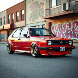 A classic 1989 Volkswagen Golf GTR, featuring a unique and stylish design, equipped with a lowered suspension and distinctive sloped wheels that enhance its sporty appearance