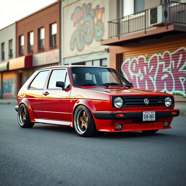 A classic 1989 Volkswagen Golf GTR, featuring a unique and stylish design, equipped with a lowered suspension and distinctive sloped wheels that enhance its sporty appearance