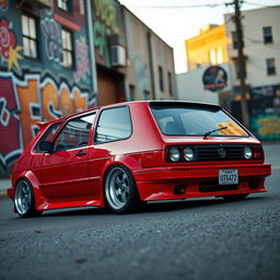 A classic 1989 Volkswagen Golf GTR, featuring a unique and stylish design, equipped with a lowered suspension and distinctive sloped wheels that enhance its sporty appearance
