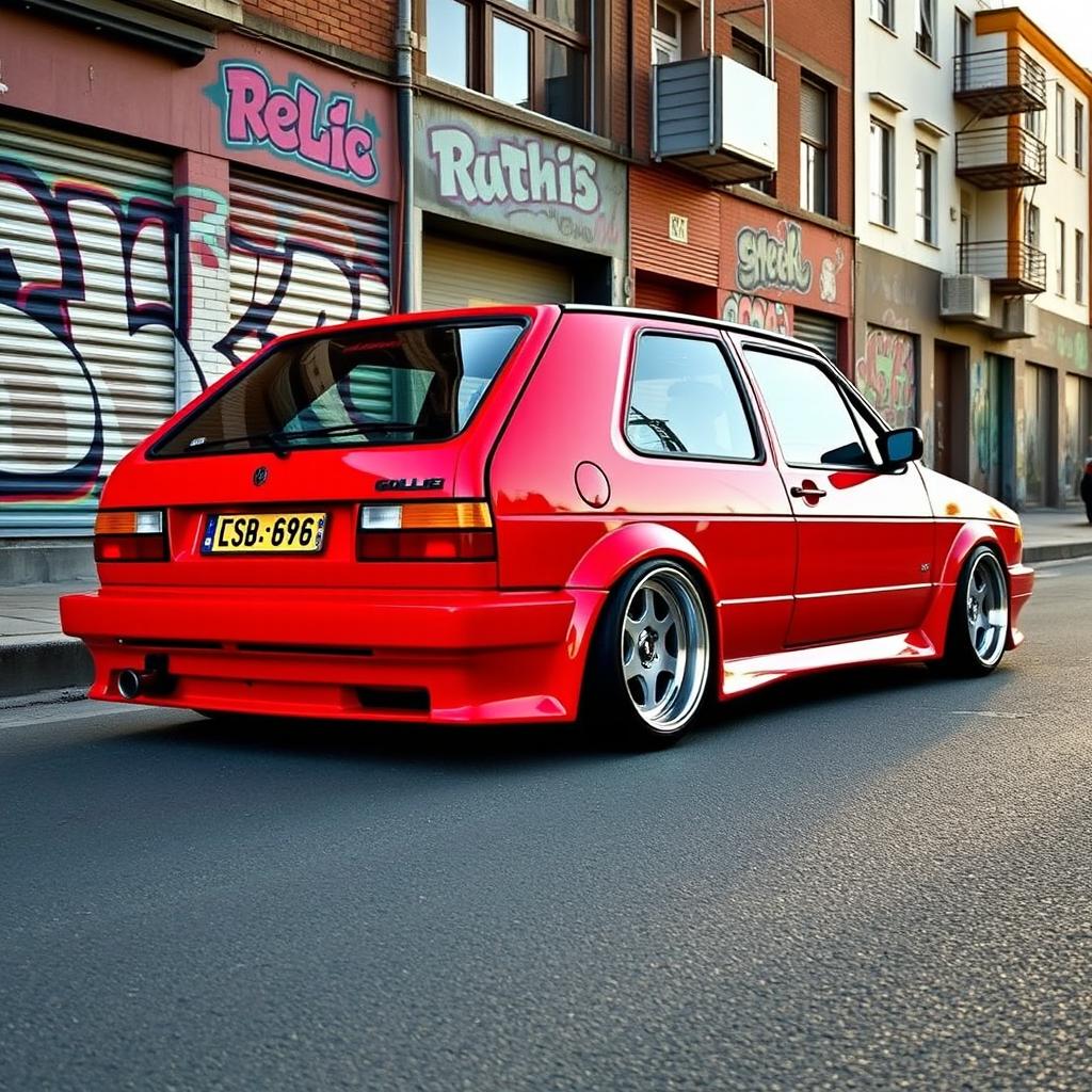 A classic 1989 Volkswagen Golf GTR, featuring a unique and stylish design, equipped with a lowered suspension and distinctive sloped wheels that enhance its sporty appearance