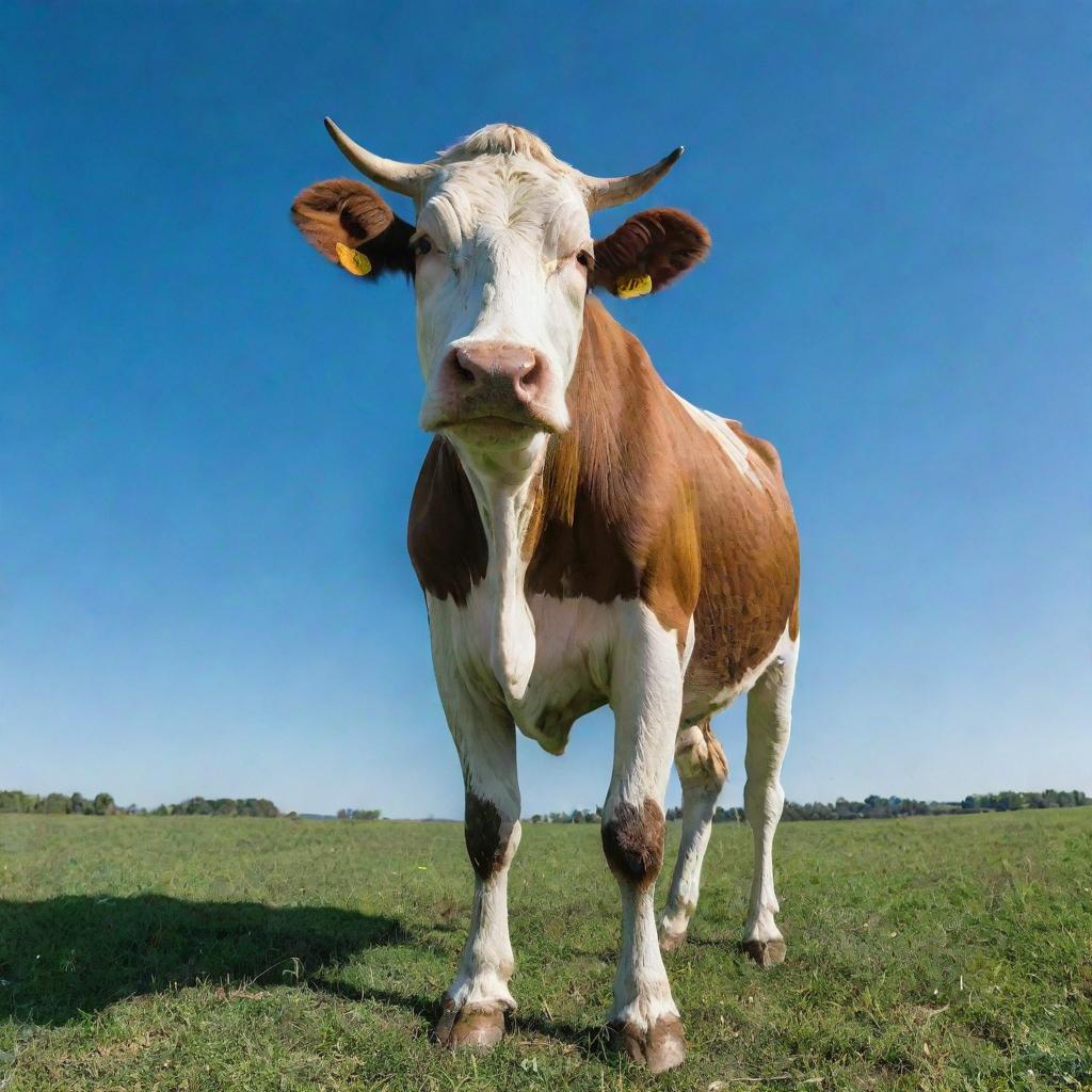 A majestic, healthy cow grazing in a lush, green pasture under a clear blue sky.