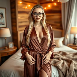 A young Russian nanny, 21 years old, with long blonde hair styled elegantly, presents a flirty vibe in a cozy bedroom setting