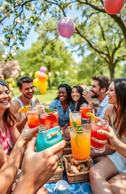 A person enjoying a vibrant, serene outdoor gathering with friends, all holding colorful non-alcoholic beverages