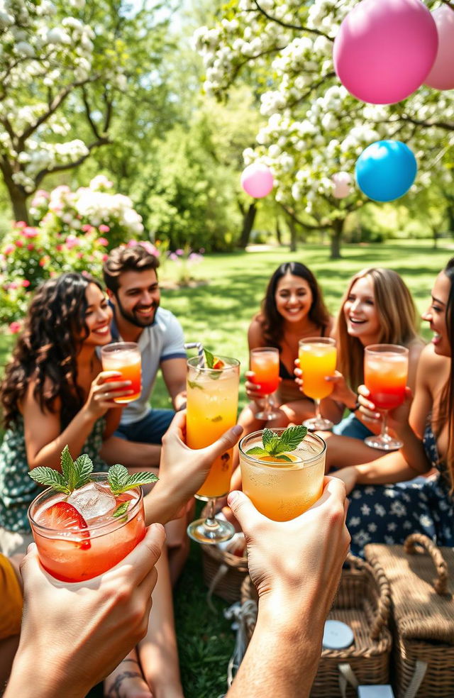 A person enjoying a vibrant, serene outdoor gathering with friends, all holding colorful non-alcoholic beverages