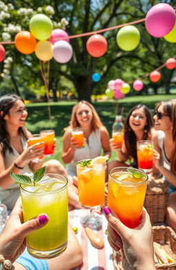 A person enjoying a vibrant, serene outdoor gathering with friends, all holding colorful non-alcoholic beverages