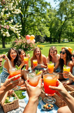 A person enjoying a vibrant, serene outdoor gathering with friends, all holding colorful non-alcoholic beverages
