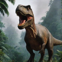 A fearsome T-Rex from Jurassic Park with its iconic structure and threatening expression, set against a prehistoric, dense jungle backdrop